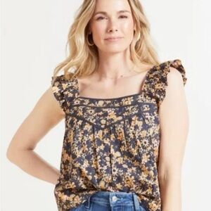 Roan+Ryan Evereve 100% Cotton Cap Sleeve Tank Top Blue Beige Floral Size XL